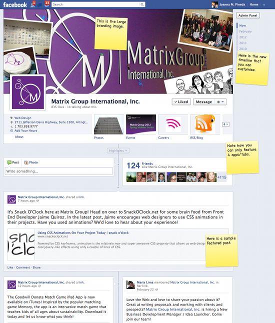 Screen shot of the new Matrix Group Facebook Timeline Page