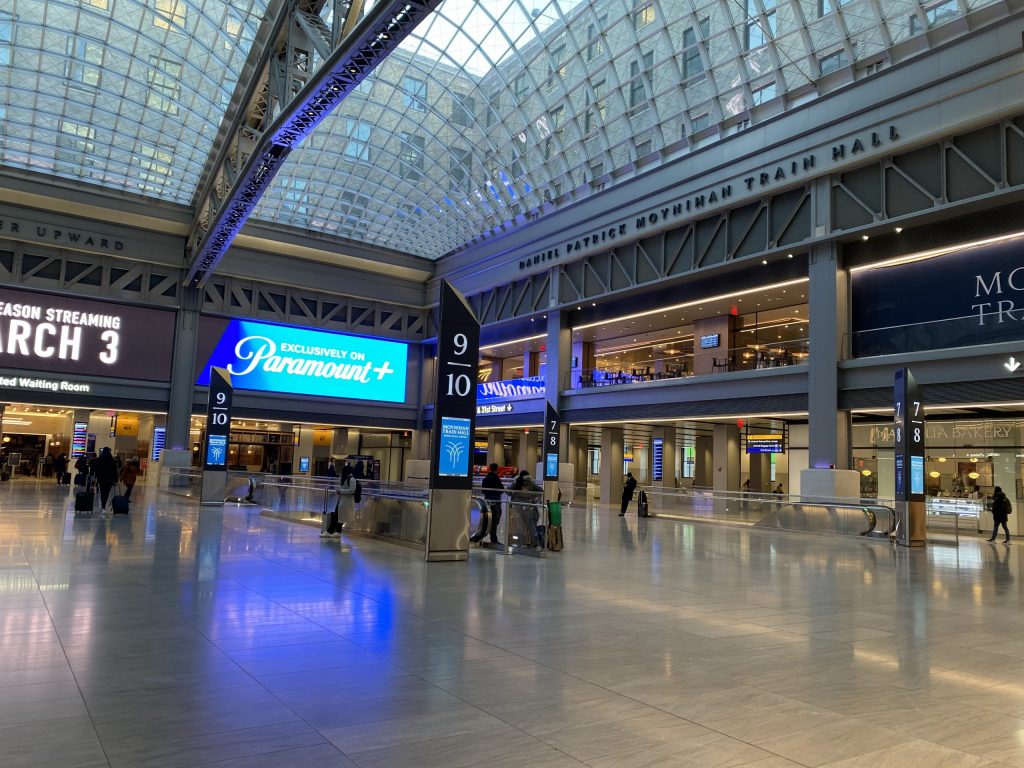 A picture of Penn Station in New York City, a train station.