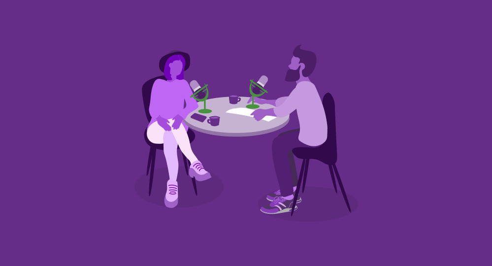 illustration of man and woman recording a podcast