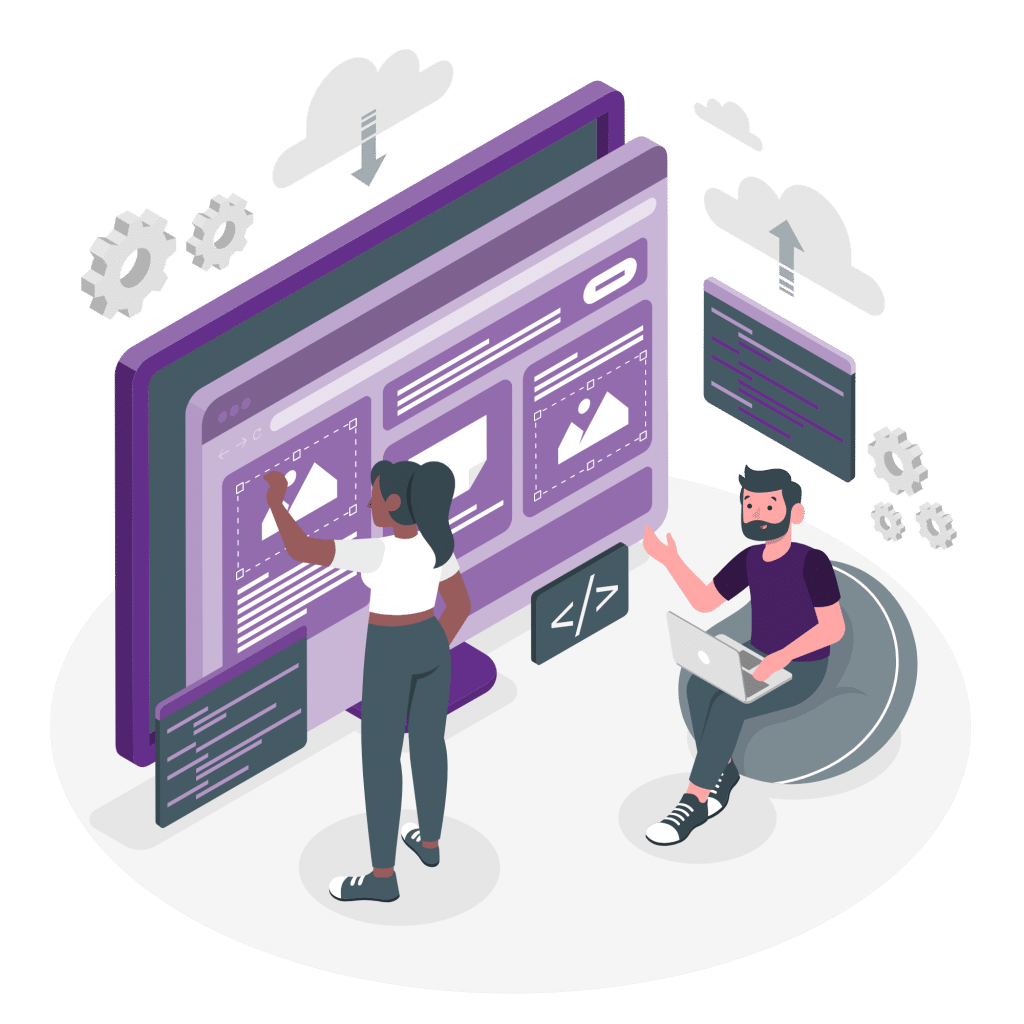 illustration of man and woman working on website
