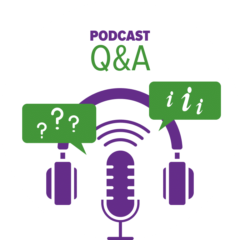 podcast Q&A graphic: microphone and headphones with question marks