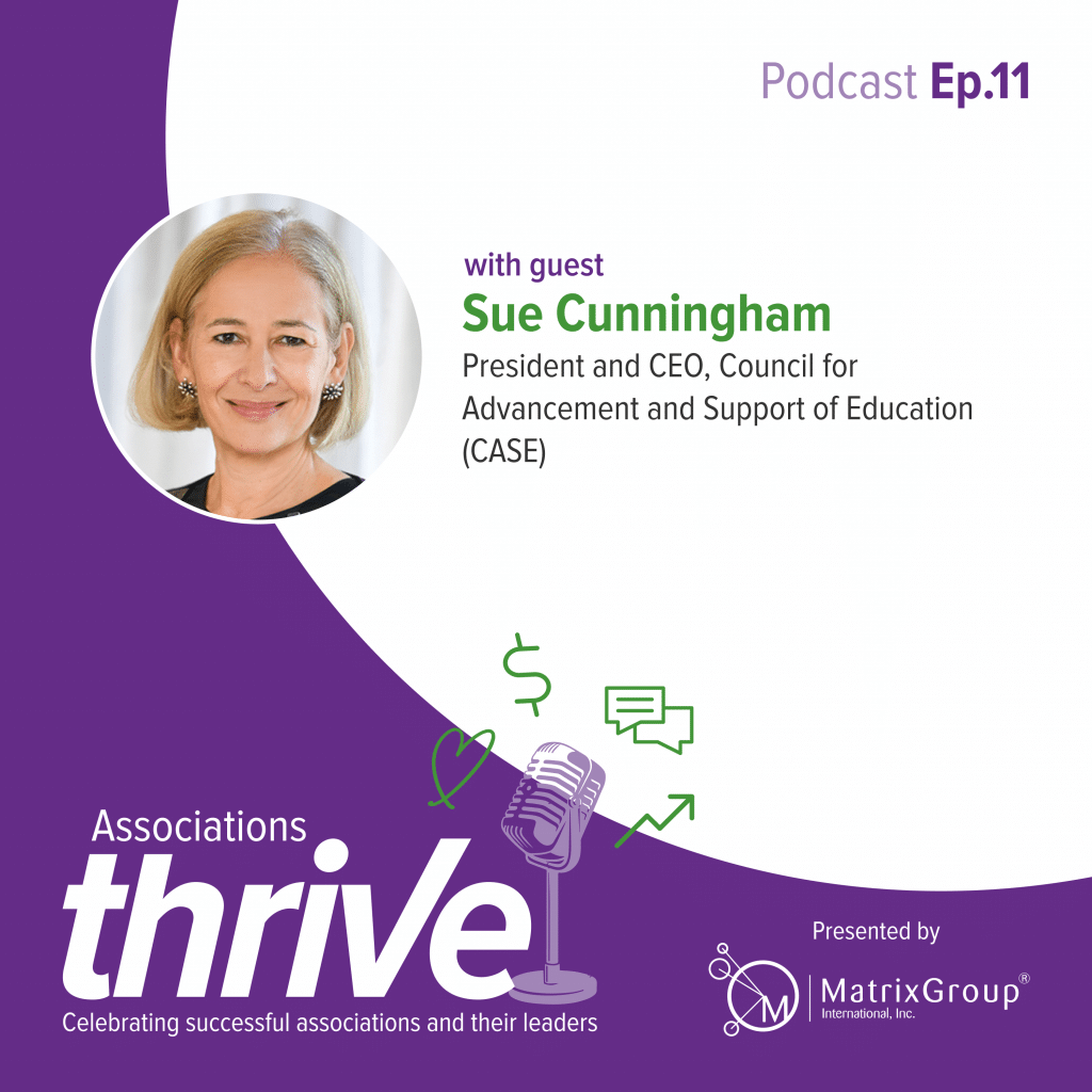 Associations Thrive episode 12 podcast cover, featuring Sue Cunningham