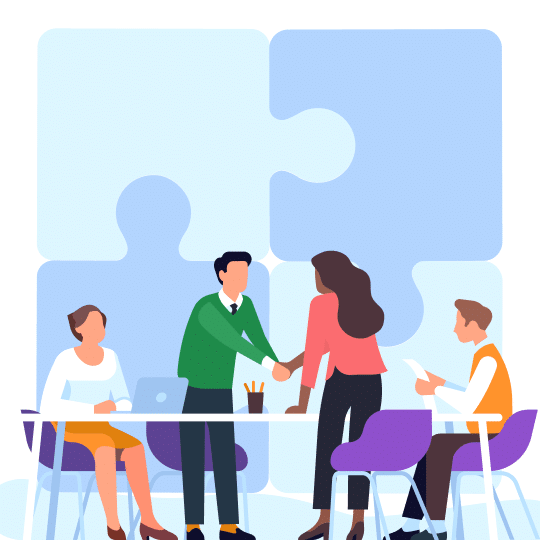 Illustration of two people shaking hands over a desk with a puzzle in the background